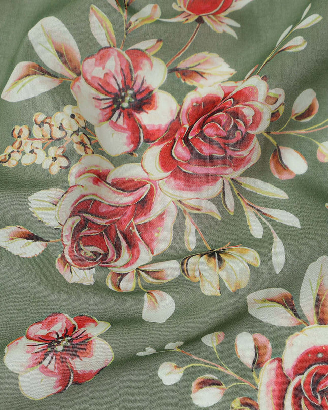 Olive Sage Green Floral Cotton Voile Fabric 110cm