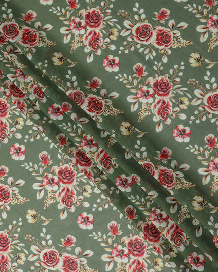 Olive Sage Green Floral Cotton Voile Fabric 110cm