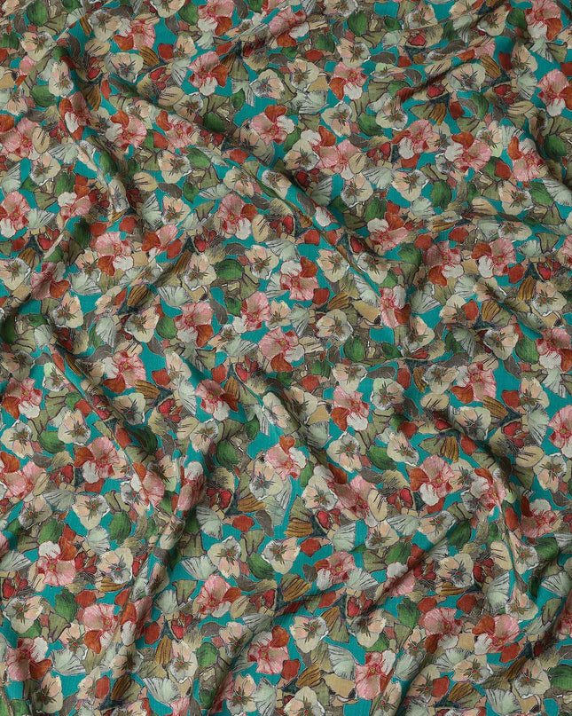 Blue Floral Viscose Crepe Fabric 110cm