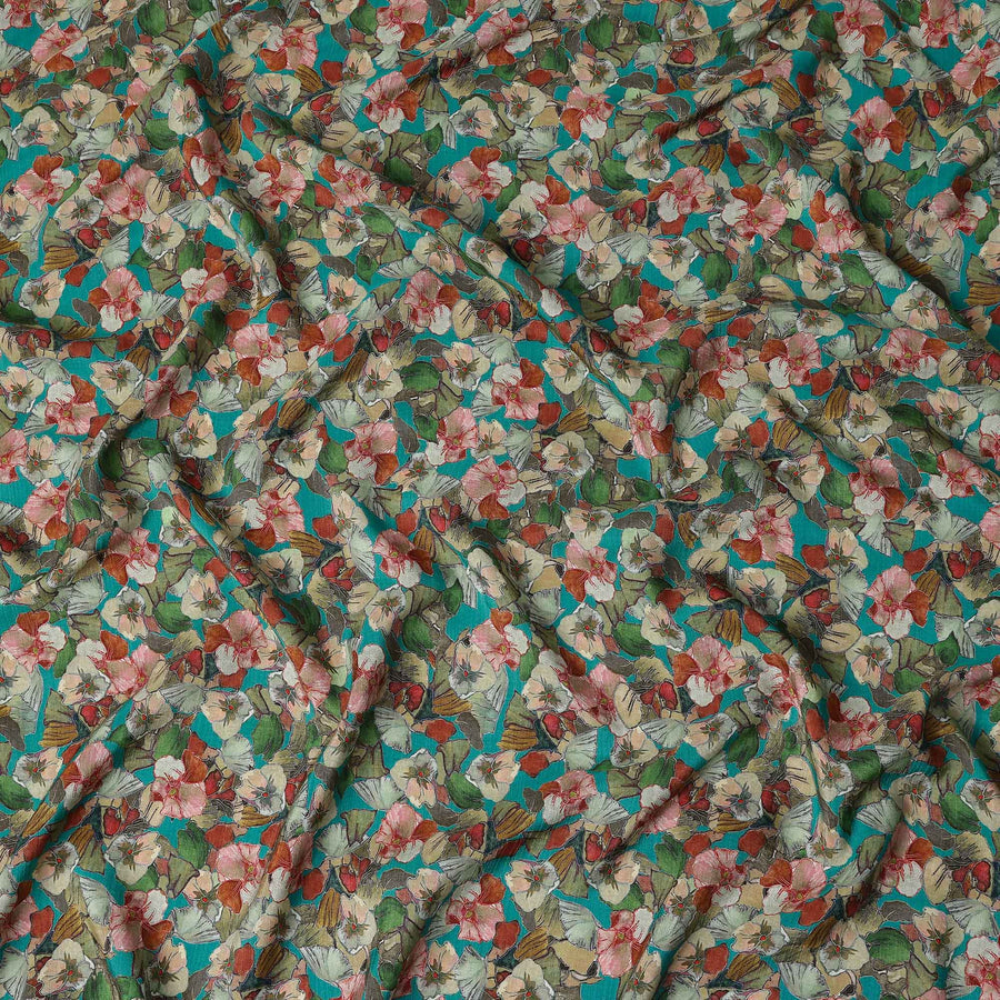 Blue Floral Viscose Crepe Fabric 110cm