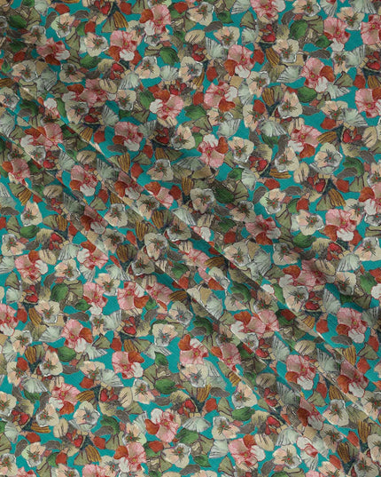 Blue Floral Viscose Crepe Fabric 110cm
