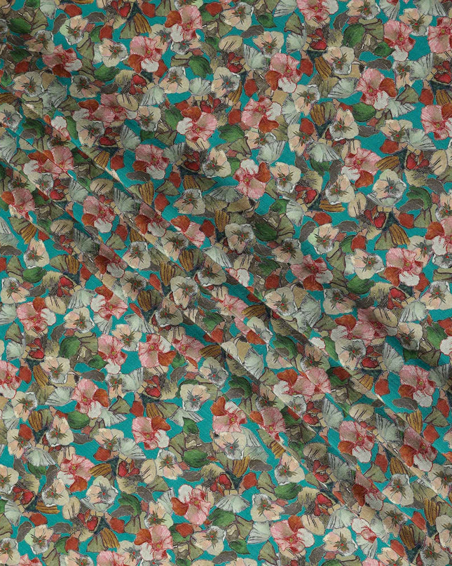 Blue Floral Viscose Crepe Fabric 110cm