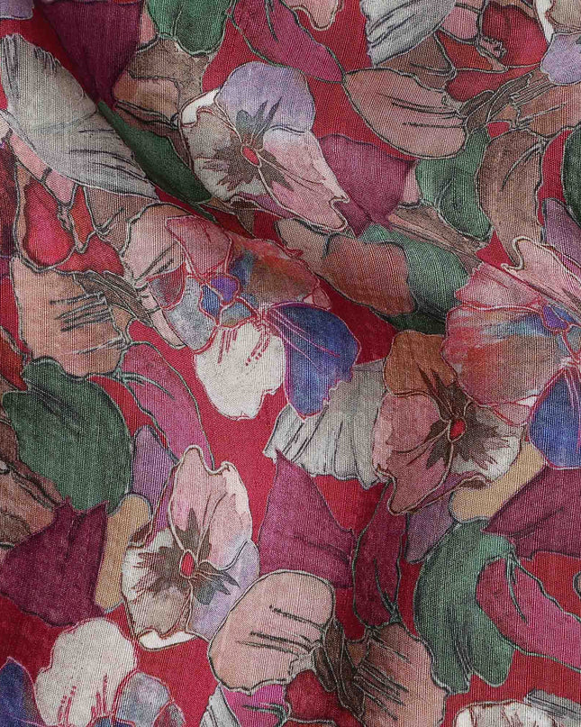 Red Floral Viscose Crepe Fabric 110cm