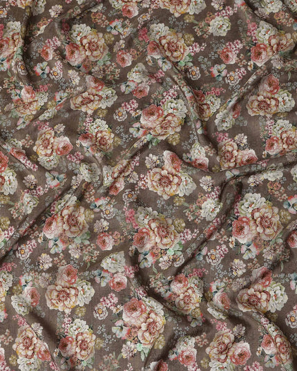 Brown Floral Viscose Crepe Fabric 110cm