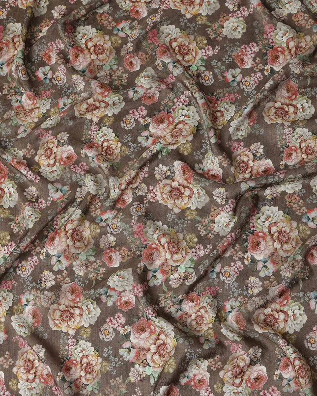 Brown Floral Viscose Crepe Fabric 110cm