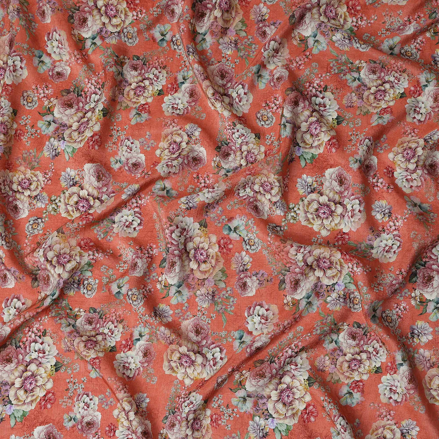 Orange Floral Viscose Crepe Fabric 110cm