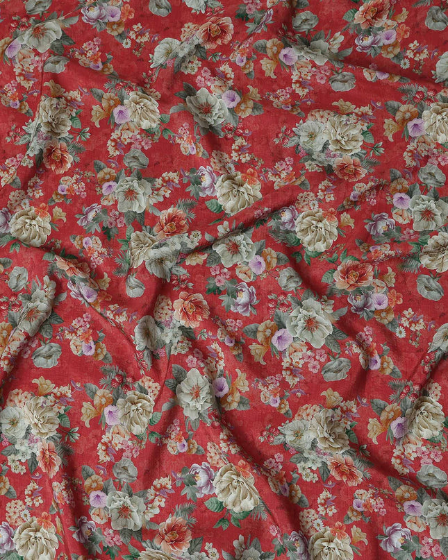 Red Floral Viscose Crepe Fabric 110cm