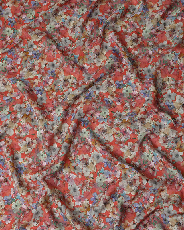 Orange Floral Viscose Crepe Fabric 110cm