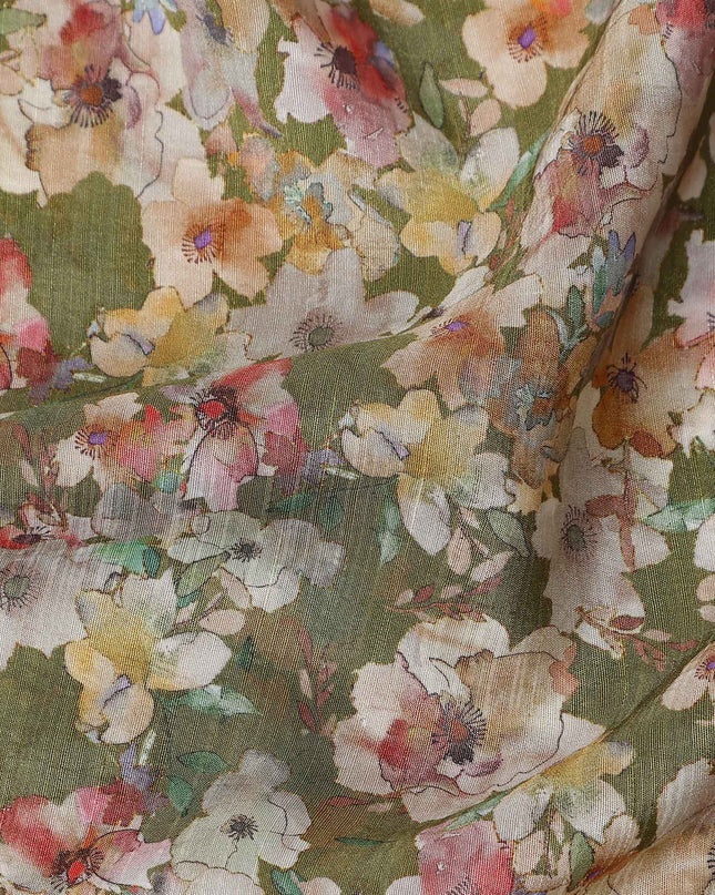Green Floral Viscose Crepe Fabric 110cm