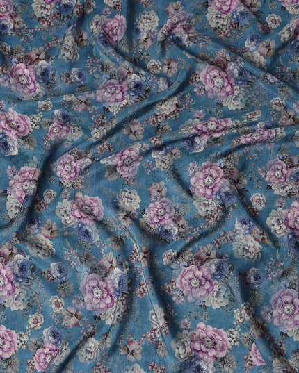 Blue Floral Viscose Crepe Fabric 110cm