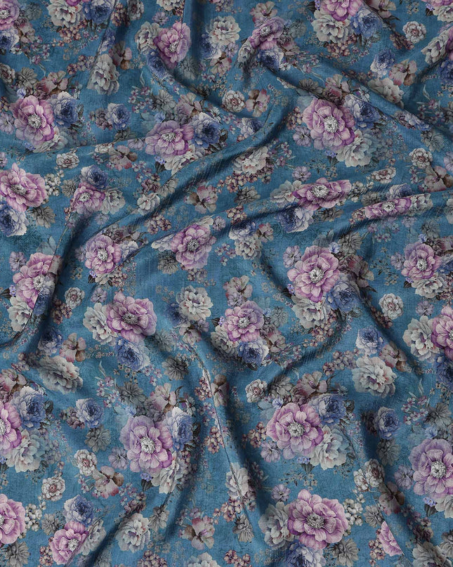 Blue Floral Viscose Crepe Fabric 110cm