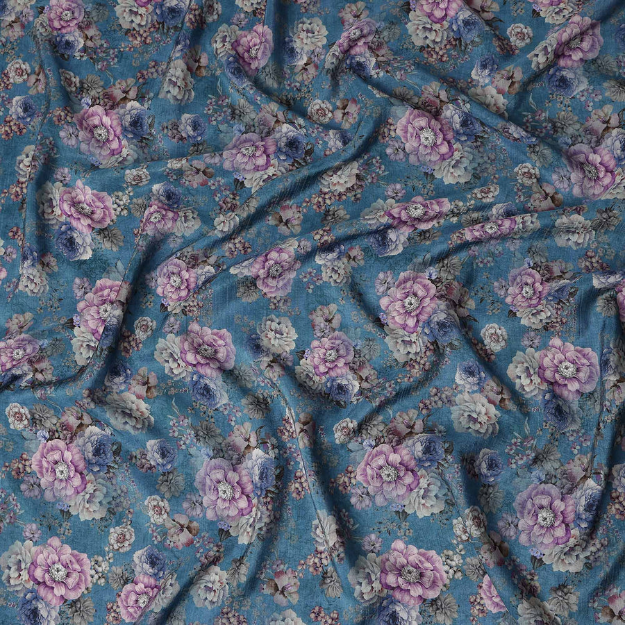 Blue Floral Viscose Crepe Fabric 110cm