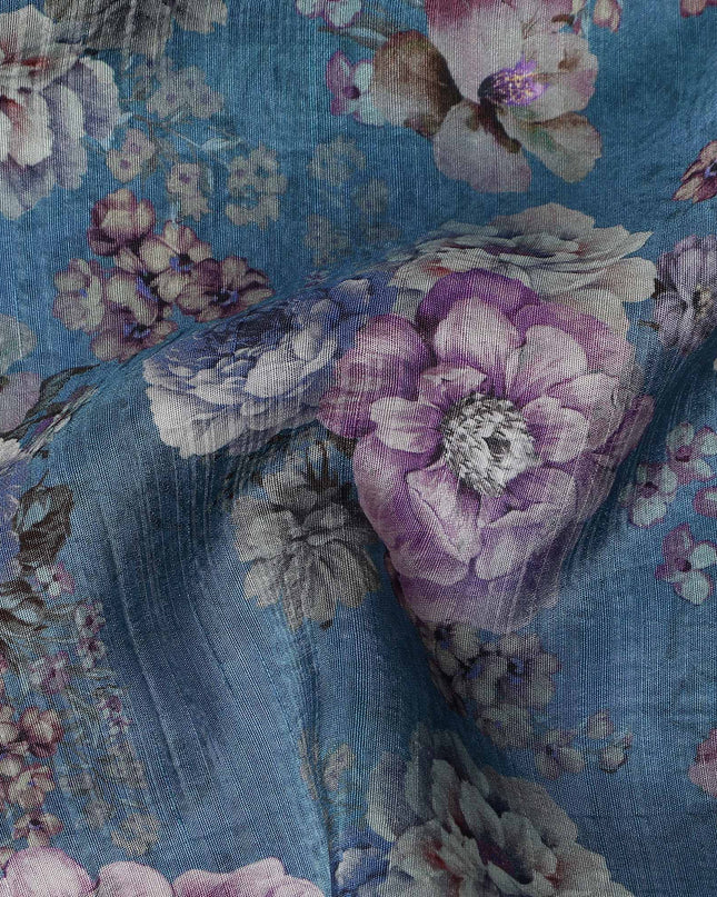 Blue Floral Viscose Crepe Fabric 110cm