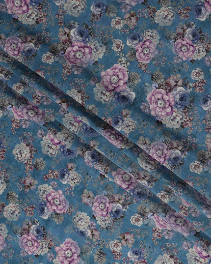 Blue Floral Viscose Crepe Fabric 110cm