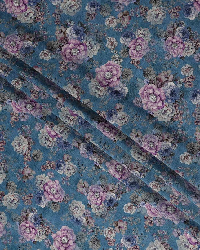 Blue Floral Viscose Crepe Fabric 110cm