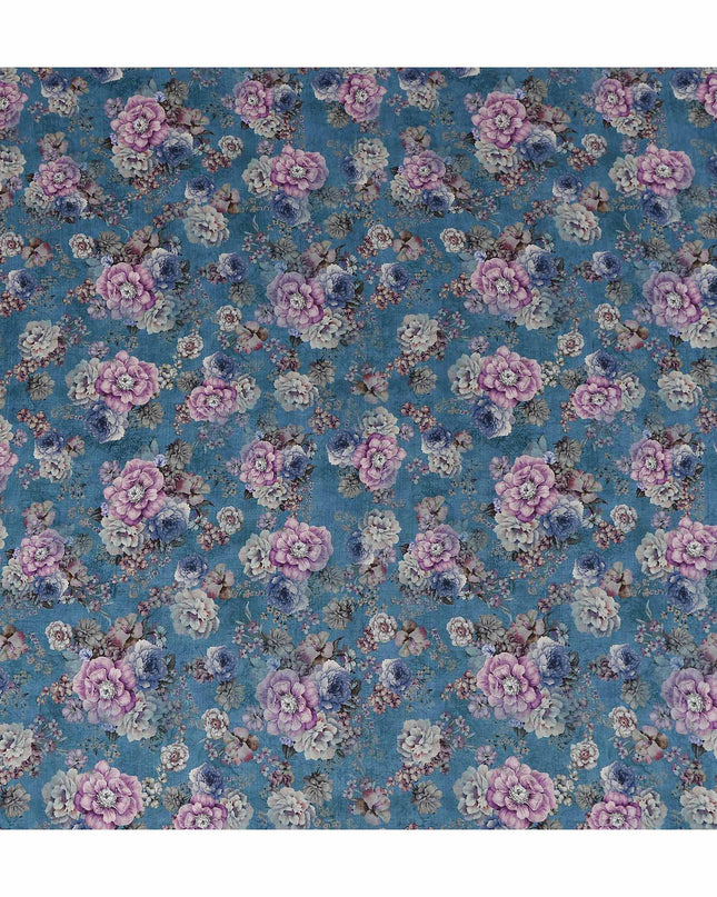 Blue Floral Viscose Crepe Fabric 110cm
