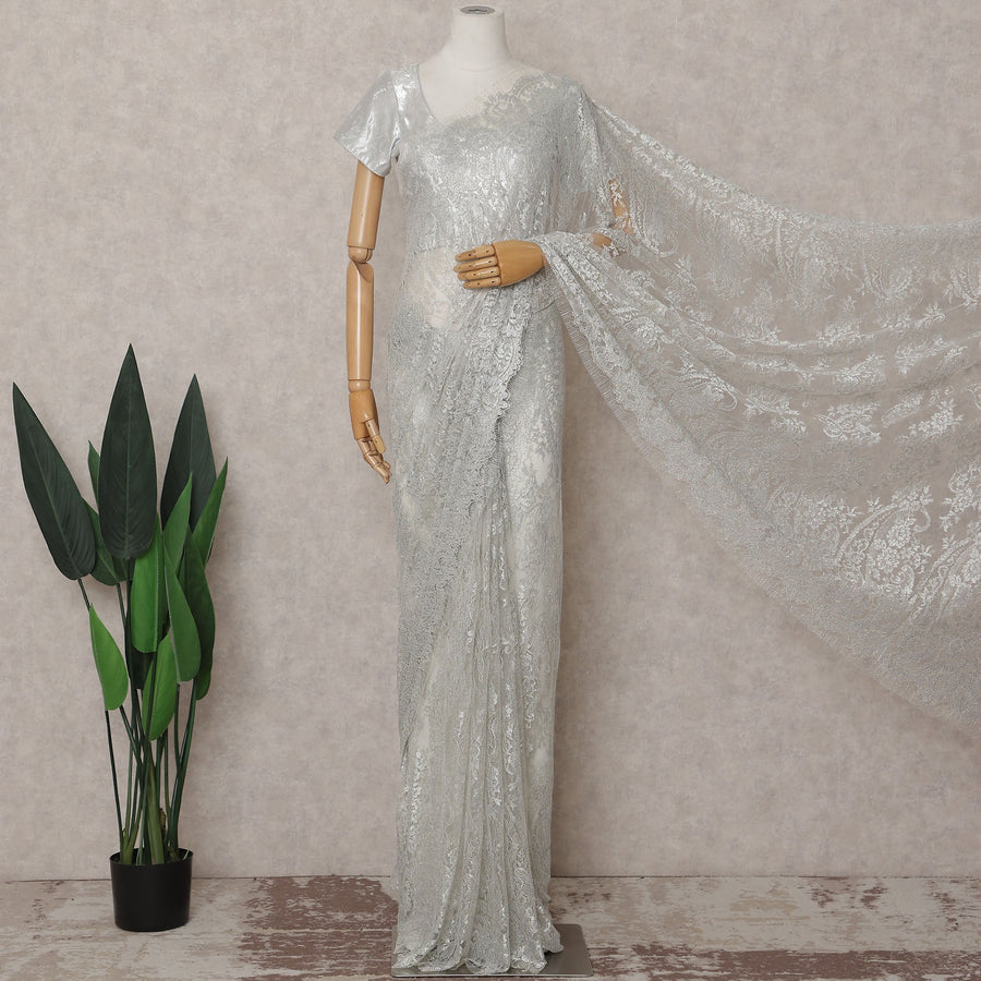Platinum Silver French Chantilly Lace Saree