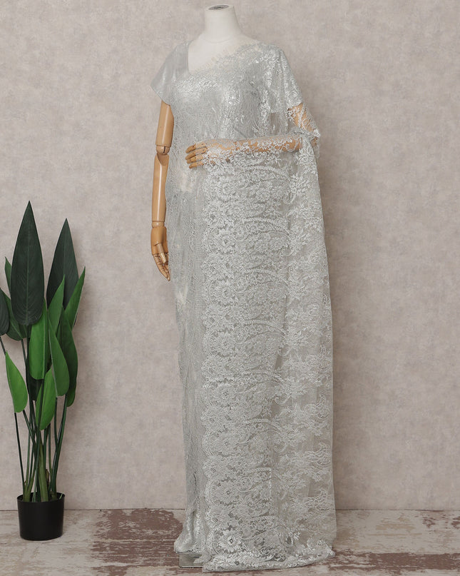 Platinum Silver French Chantilly Lace Saree