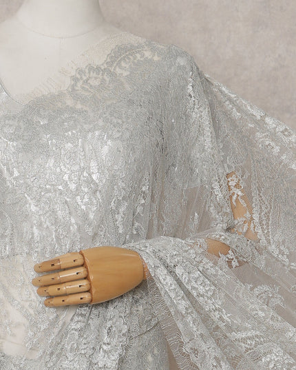 Platinum Silver French Chantilly Lace Saree