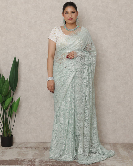 Mint Green Premium French Metallic Chantilly Saree Lace, 5.5 Mtrs Length, 110 Cms Width, Made in France-D24440