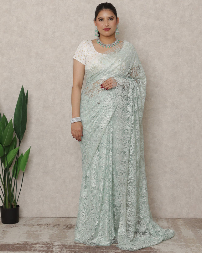 Mint Green Premium French Metallic Chantilly Saree Lace, 5.5 Mtrs Length, 110 Cms Width, Made in France-D24440