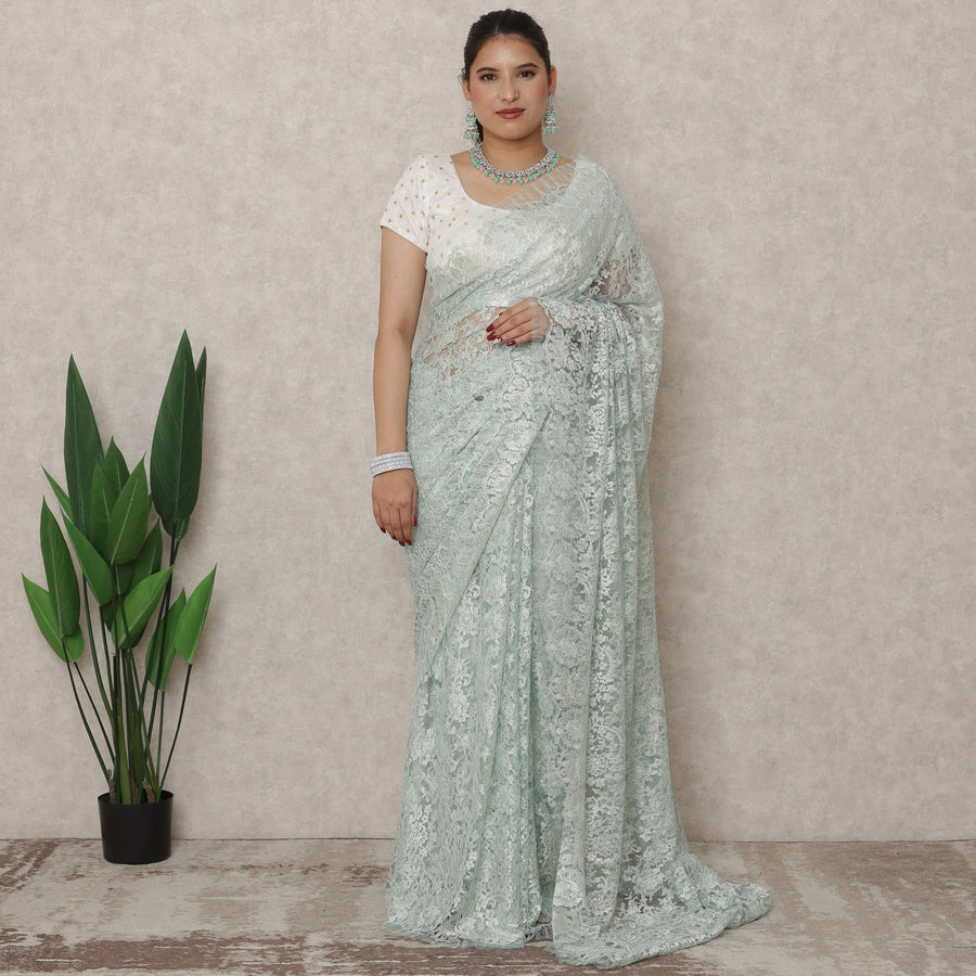 Mint Green Premium French Metallic Chantilly Saree Lace, 5.5 Mtrs Length, 110 Cms Width, Made in France-D24440