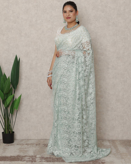 Mint Green Premium French Metallic Chantilly Saree Lace, 5.5 Mtrs Length, 110 Cms Width, Made in France-D24440