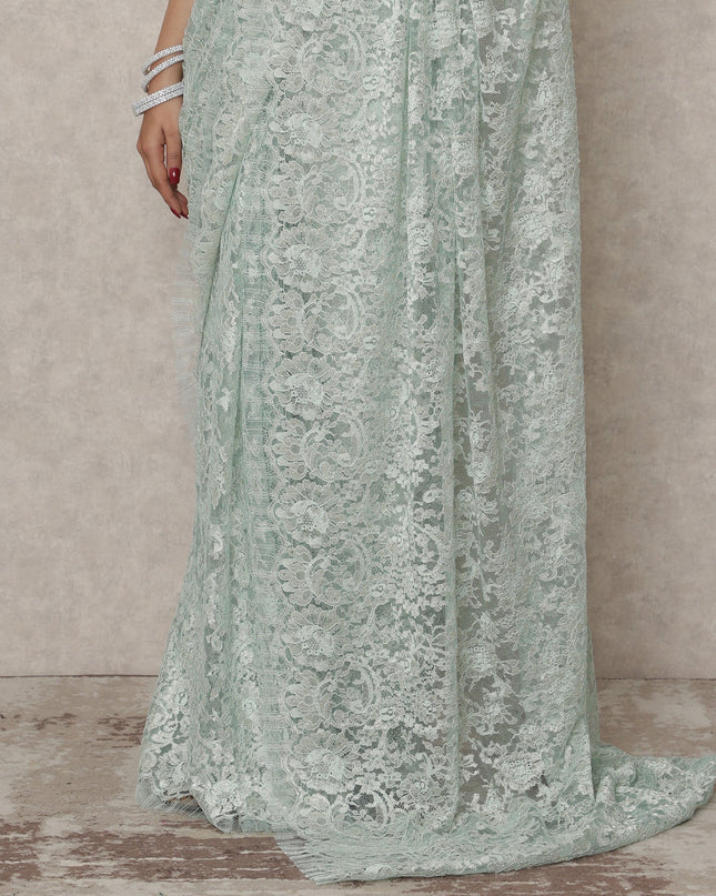 Mint Green Premium French Metallic Chantilly Saree Lace, 5.5 Mtrs Length, 110 Cms Width, Made in France-D24440