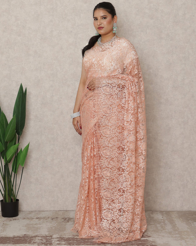 Peach Gold Premium French Metallic Chantilly Saree Lace, 5.5 Mtrs Length, 110 Cms Width, Made in France-D24438