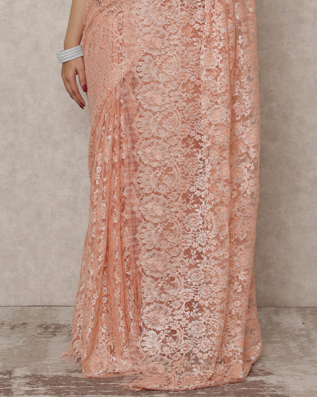Peach Gold Premium French Metallic Chantilly Saree Lace, 5.5 Mtrs Length, 110 Cms Width, Made in France-D24438