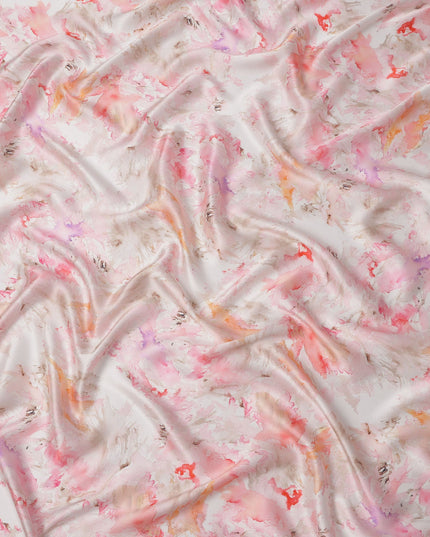 White Pink Abstract Print Pure Silk Satin Fabric, 140 Cms Width, South Korea-D25226