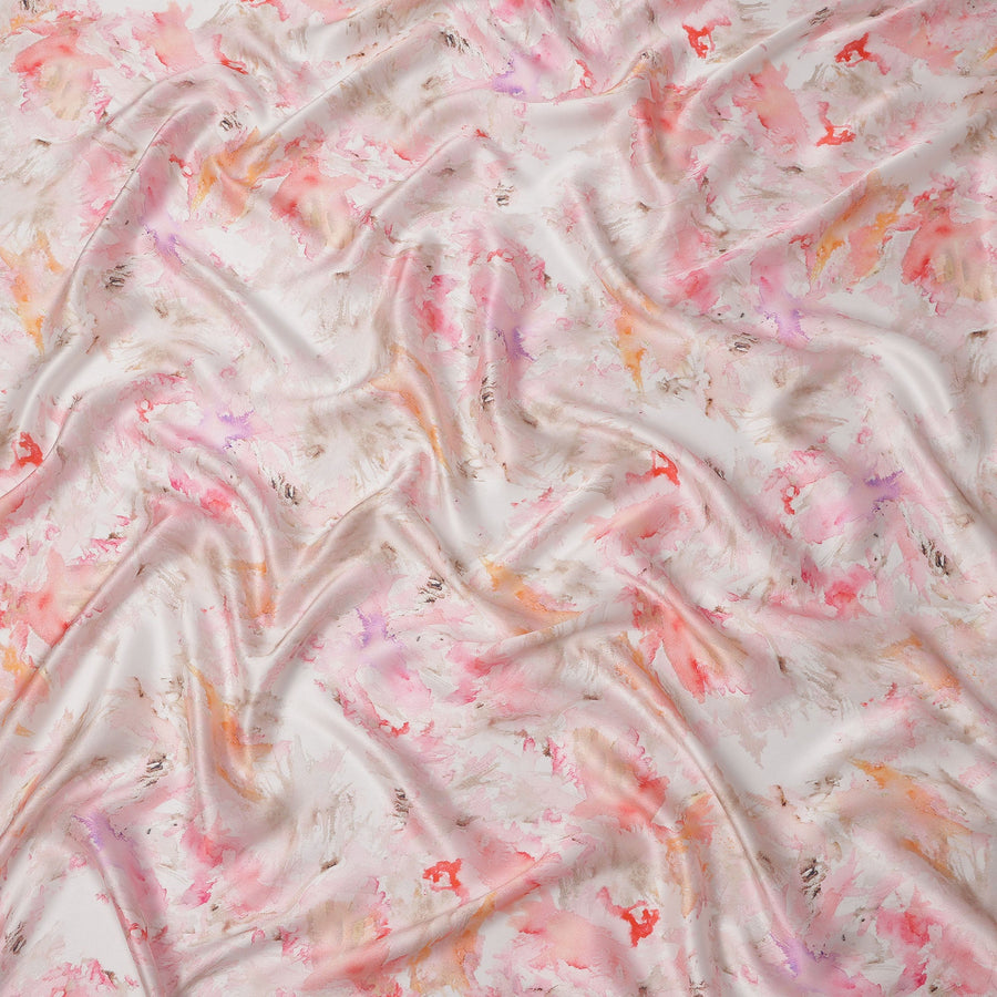 White Pink Abstract Print Pure Silk Satin Fabric, 140 Cms Width, South Korea-D25226