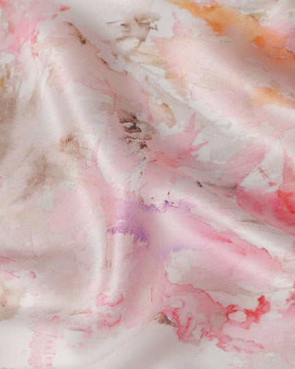 White Pink Abstract Print Pure Silk Satin Fabric, 140 Cms Width, South Korea-D25226