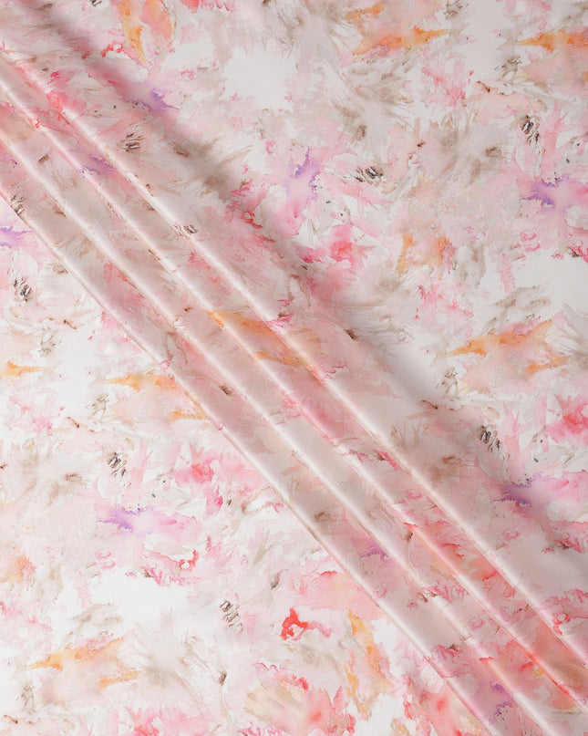 White Pink Abstract Print Pure Silk Satin Fabric, 140 Cms Width, South Korea-D25226