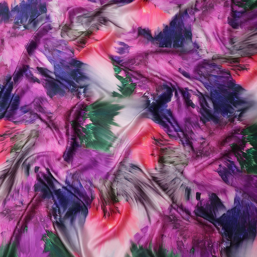 Purple Multicolor Abstract Print Pure Silk Satin Fabric, 140 Cms Width, South Korea-D25227