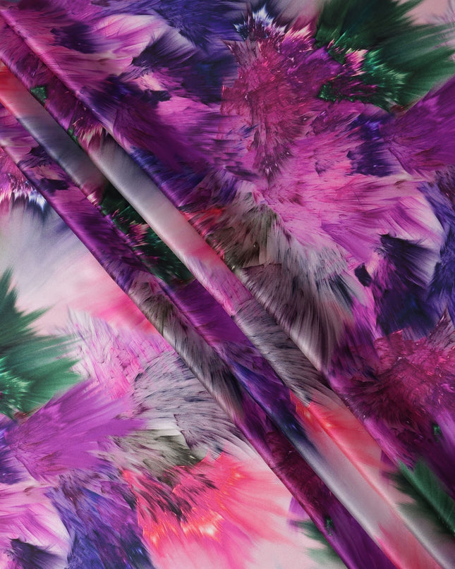 Purple Multicolor Abstract Print Pure Silk Satin Fabric, 140 Cms Width, South Korea-D25227