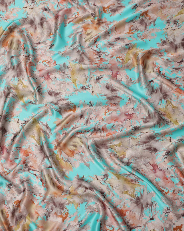 Turquoise Multicolor Abstract Print Pure Silk Satin Fabric, 140 Cms Width, South Korea-D25228