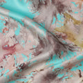 Turquoise Multicolor Abstract Print Pure Silk Satin Fabric, 140 Cms Width, South Korea-D25228