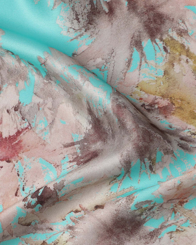 Turquoise Multicolor Abstract Print Pure Silk Satin Fabric, 140 Cms Width, South Korea-D25228
