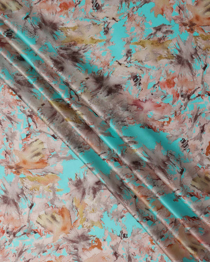 Turquoise Multicolor Abstract Print Pure Silk Satin Fabric, 140 Cms Width, South Korea-D25228