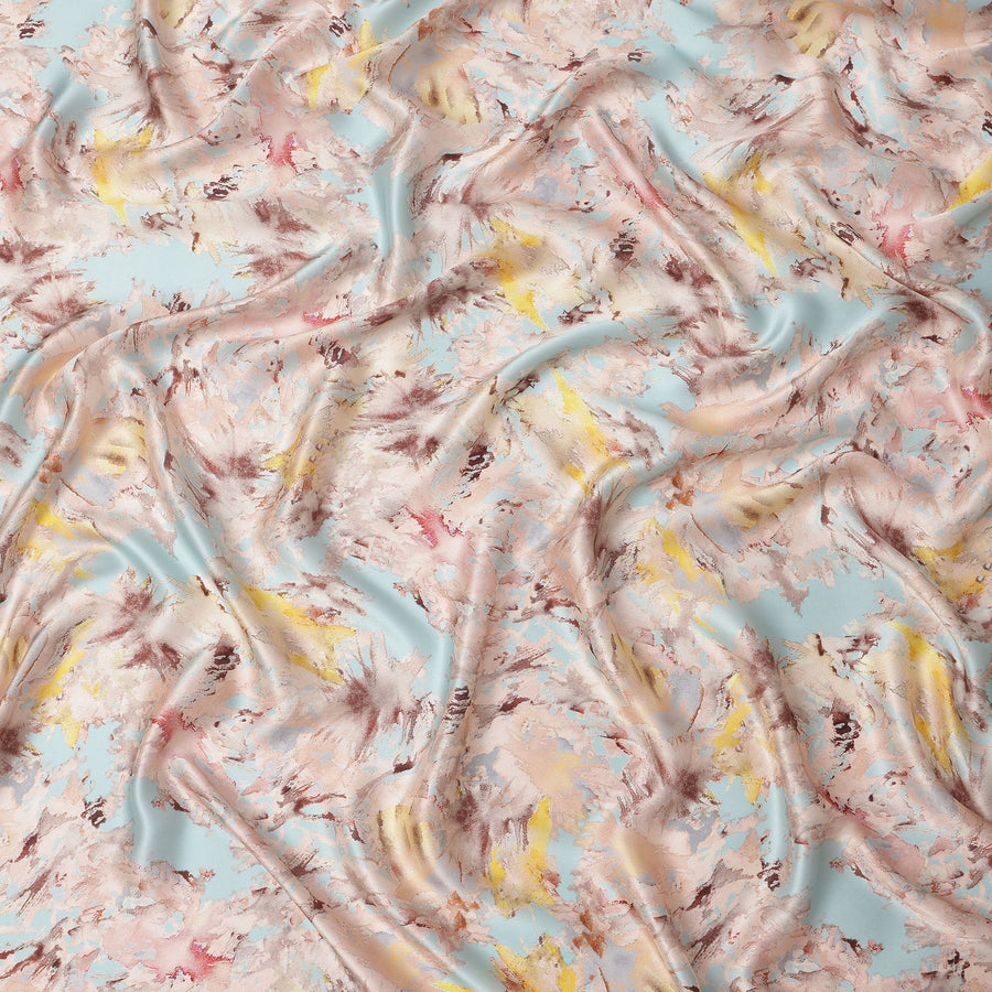 Light Blue Multicolor Abstract Print Pure Silk Satin Fabric, 140 Cms Width, South Korea-D25229