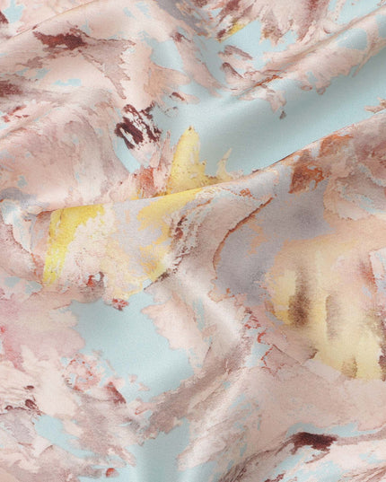 Light Blue Multicolor Abstract Print Pure Silk Satin Fabric, 140 Cms Width, South Korea-D25229
