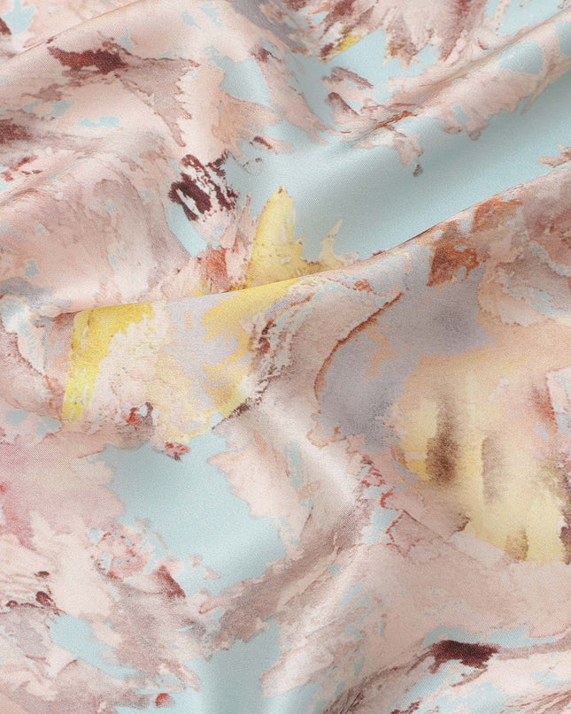 Light Blue Multicolor Abstract Print Pure Silk Satin Fabric, 140 Cms Width, South Korea-D25229