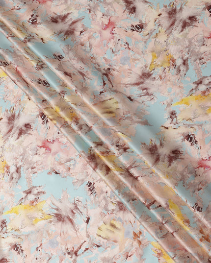 Light Blue Multicolor Abstract Print Pure Silk Satin Fabric, 140 Cms Width, South Korea-D25229