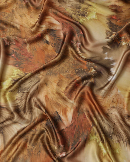 Brown Multicolor Abstract Print Pure Silk Satin Fabric, 140 Cms Width, South Korea-D25233