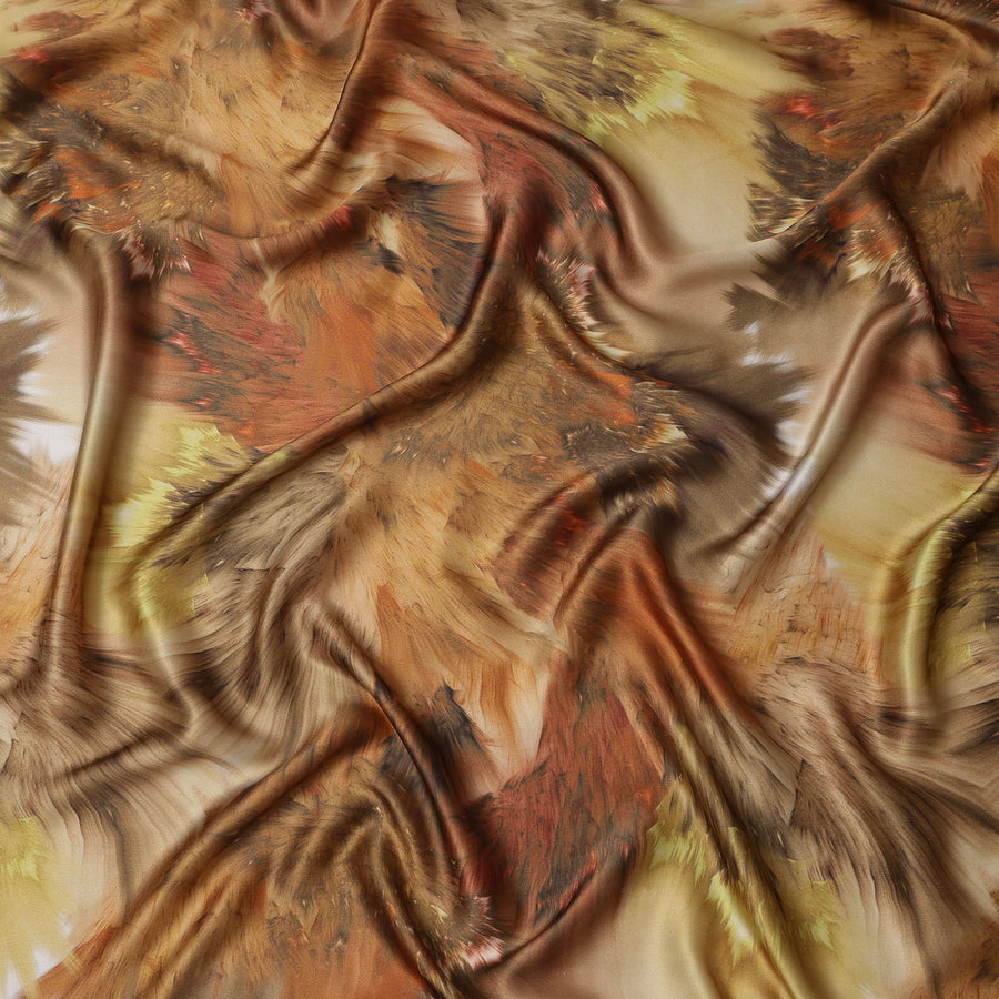 Brown Multicolor Abstract Print Pure Silk Satin Fabric, 140 Cms Width, South Korea-D25233