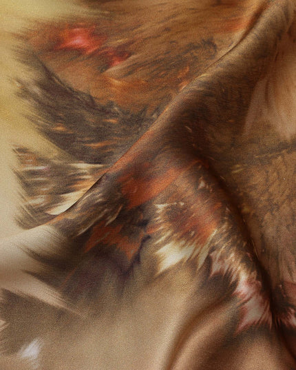 Brown Multicolor Abstract Print Pure Silk Satin Fabric, 140 Cms Width, South Korea-D25233