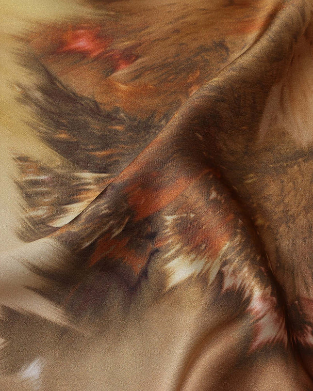 Brown Multicolor Abstract Print Pure Silk Satin Fabric, 140 Cms Width, South Korea-D25233