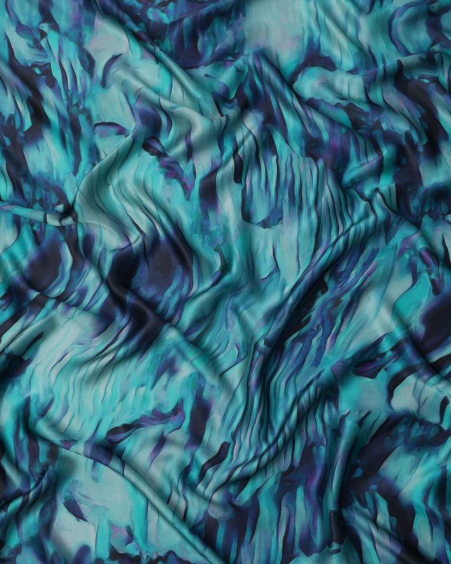 Teal Blue Abstract Print Pure Silk Satin Fabric, 140 Cms Width, South Korea-D25232
