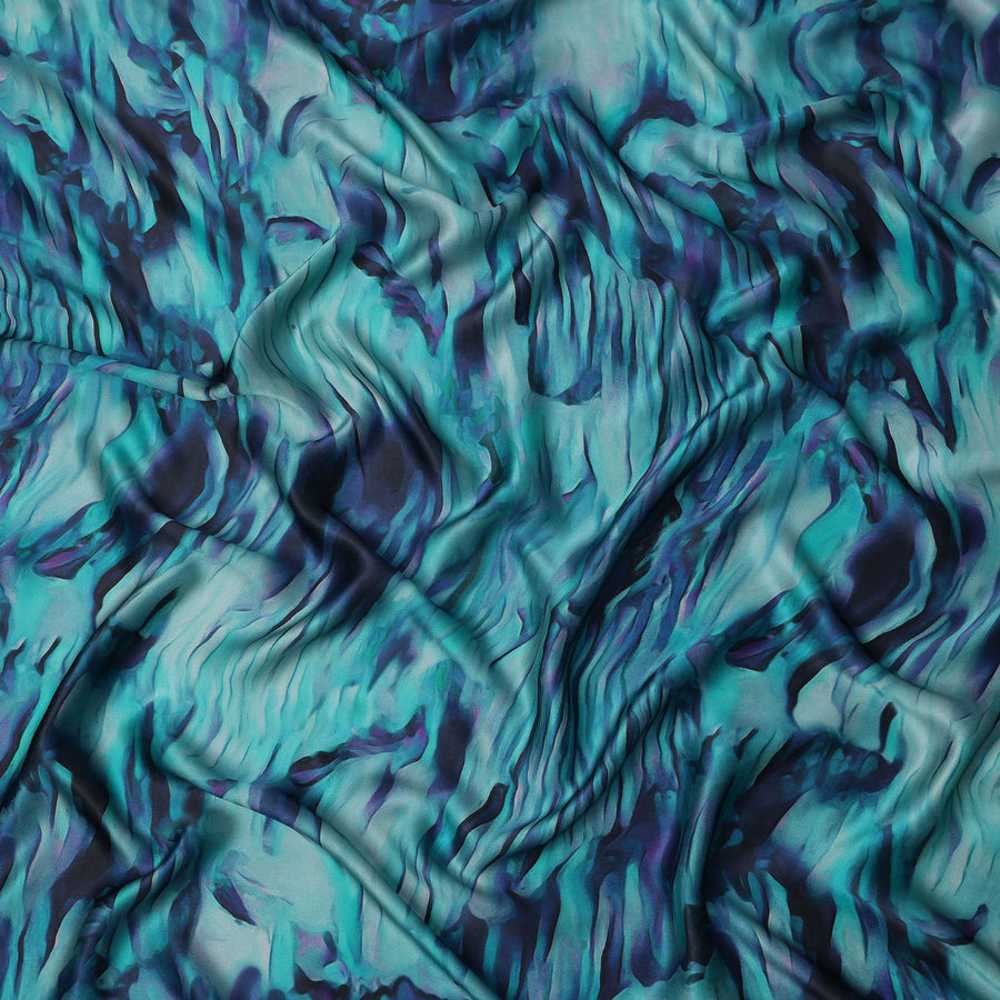 Teal Blue Abstract Print Pure Silk Satin Fabric, 140 Cms Width, South Korea-D25232